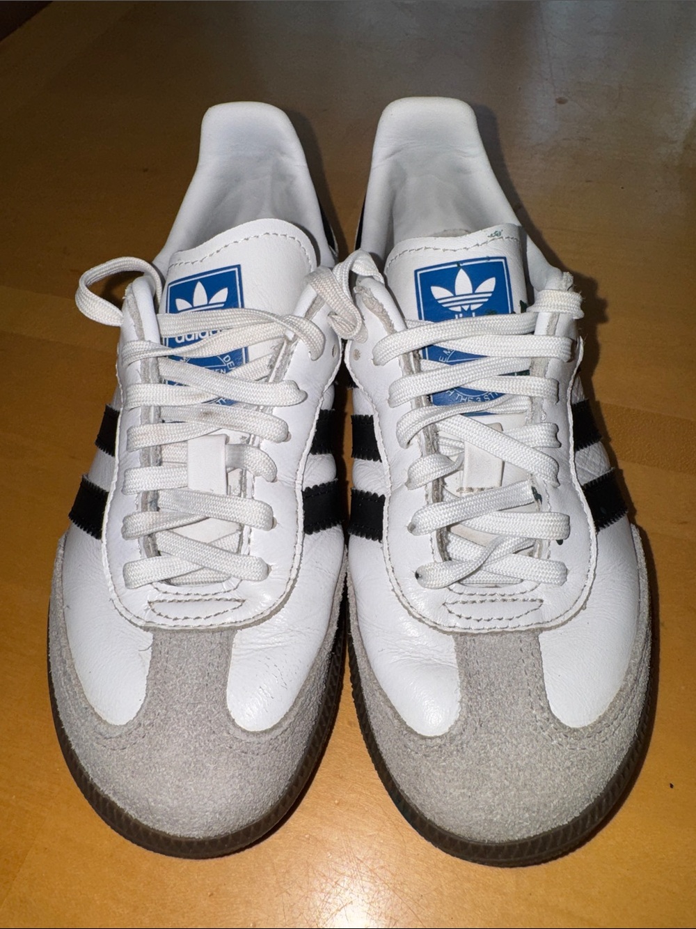 adidas samba White Sneakers with Black Stripes and Blue Tongue Logo